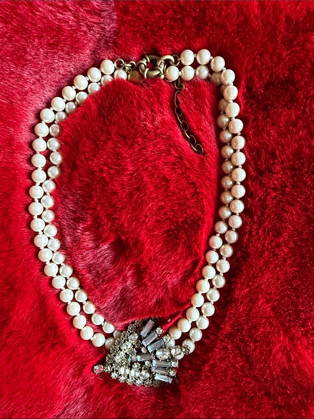 J. Crew Double-Strand Pearl Necklace with Gold-Tone Crystal Brooch
